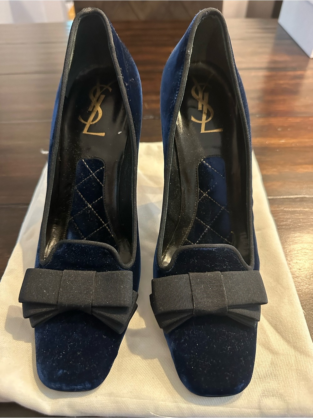 Saint Laurent Navy Velvet Bow Pumps with Grosgrain Bow